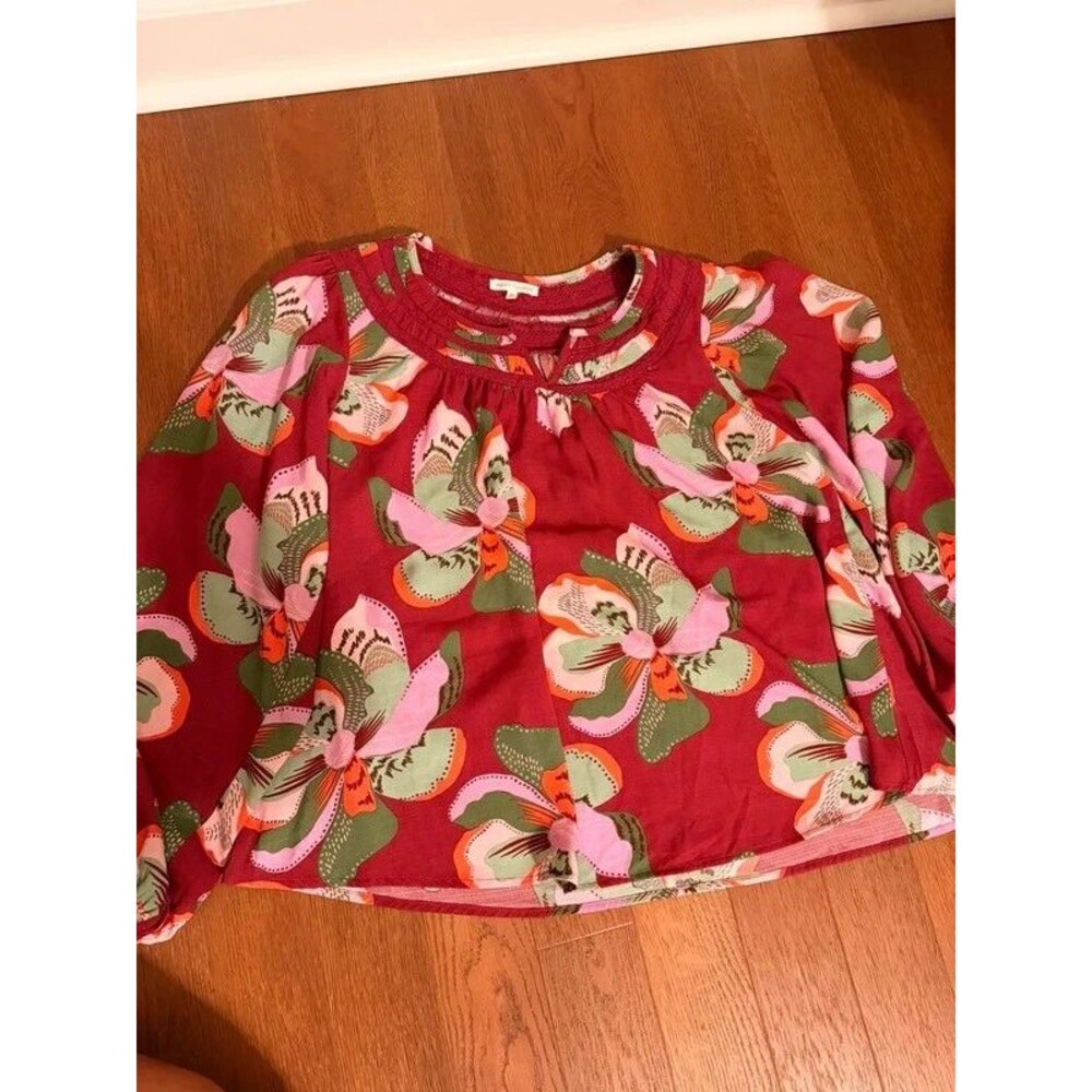 Mary Square Floral Notch Neck Blouse - Burgundy / Pink (Size S)